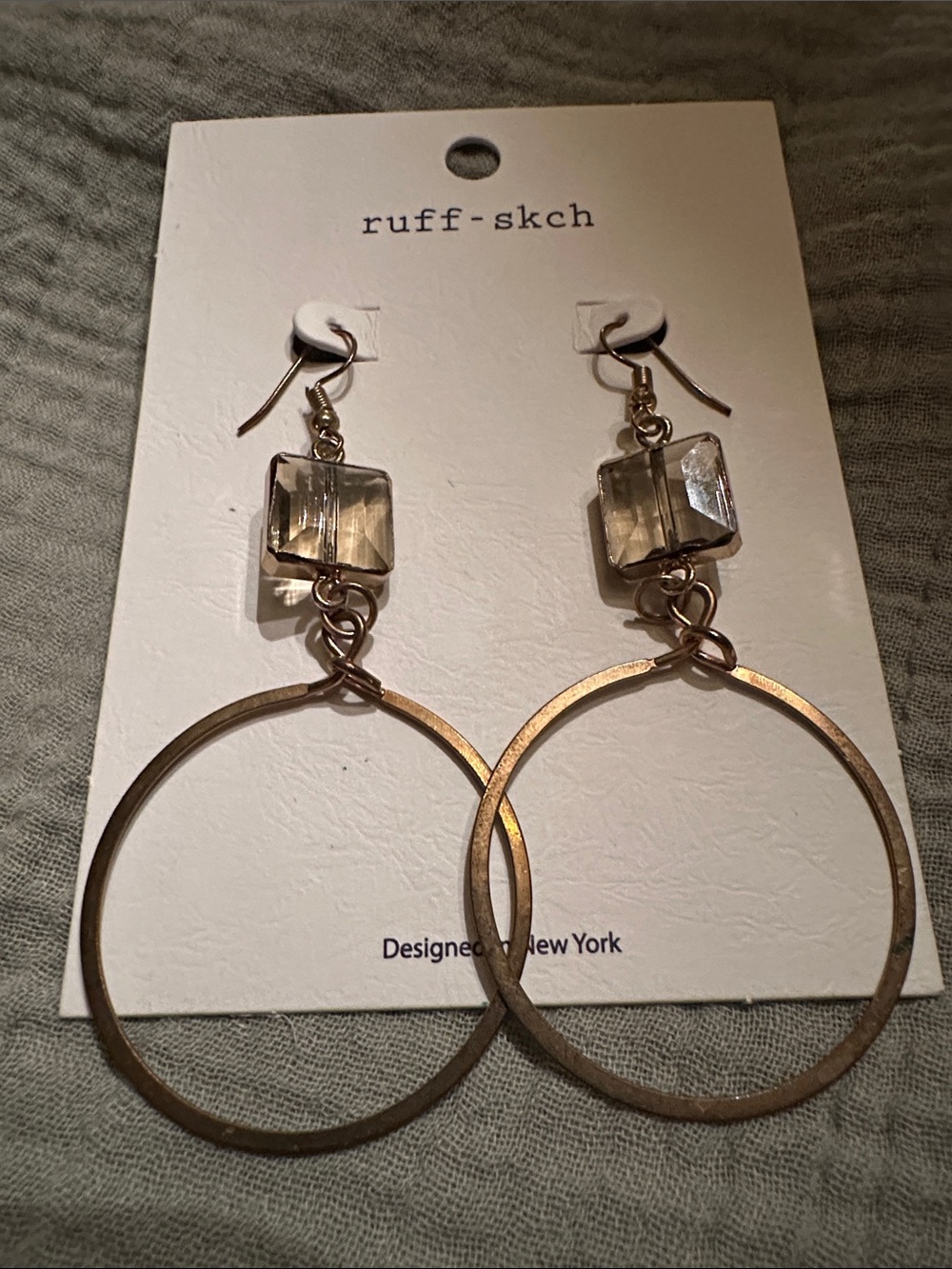 Gold Hoop Earrings with Smoky Crystal Cube